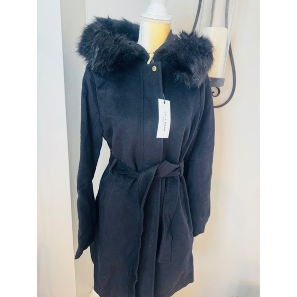 Cole‎ Haan Signature Faux Fur Trim Wool Blend Hooded Jacket, Size 10, Black, NWT